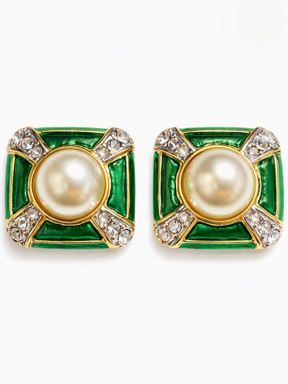 Vintage Butler Fifth Avenue Emerald Green Enamel Pearl Earrings EGG150CL